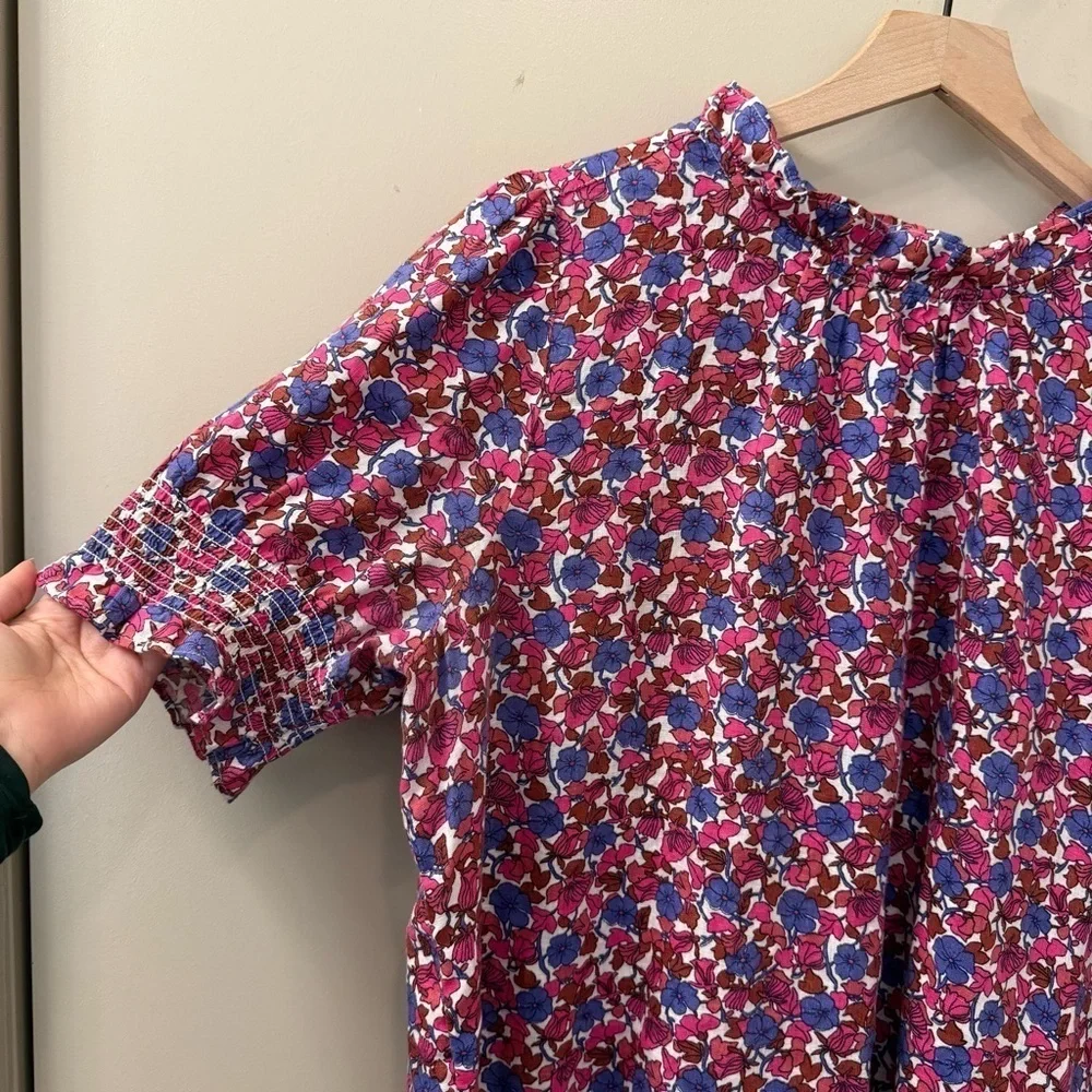 J Crew Smocked linen puff-sleeve top in berry floral size XL pink purple spring